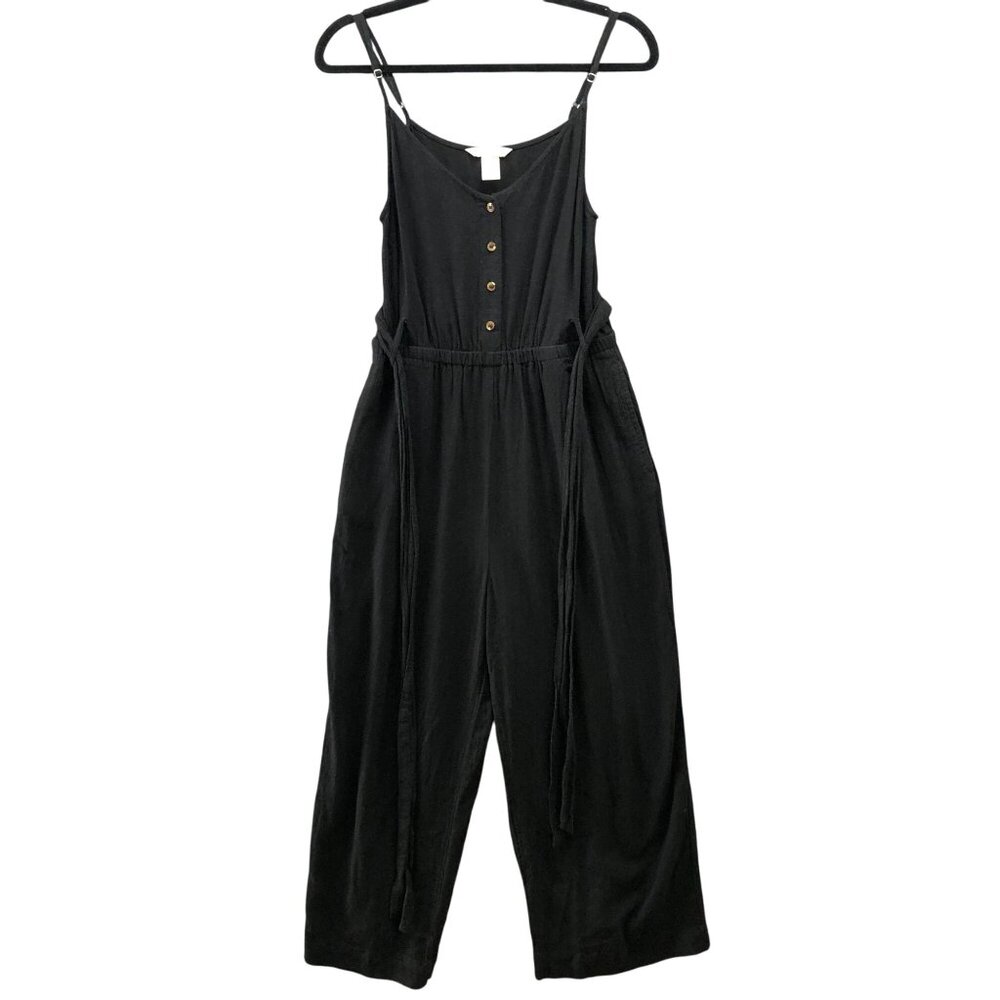 H&M Linen Blend Cami Jumpsuit Womens 4 Black Tie Waist Relaxed Wide Leg Crop